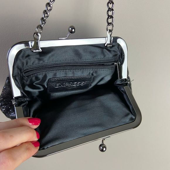 VTG 90s Y2K Sparkley Clanshell Express Clutch with Chain - Picture 2 of 5